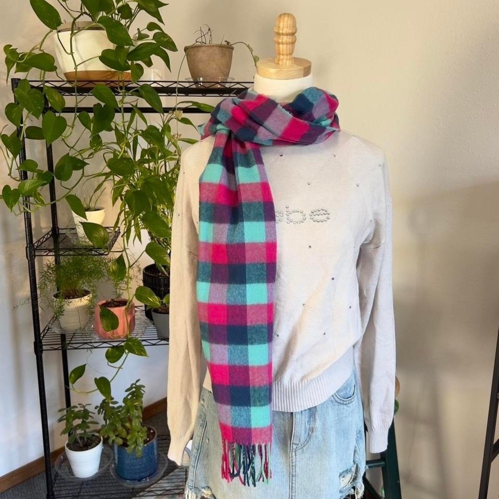 Manhattan Hat Company Blue & Pink Plaid Checked Scarf Preppy Winter Accessory